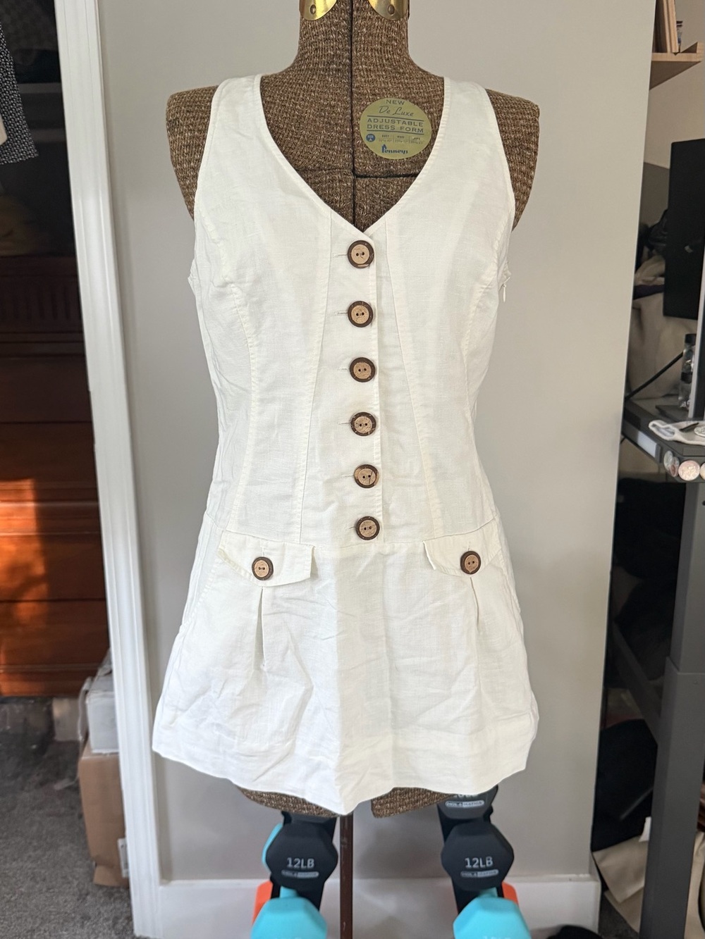Boston Proper White Linen Cotton Sleeveless Button Front Mini Vest Dress, 12